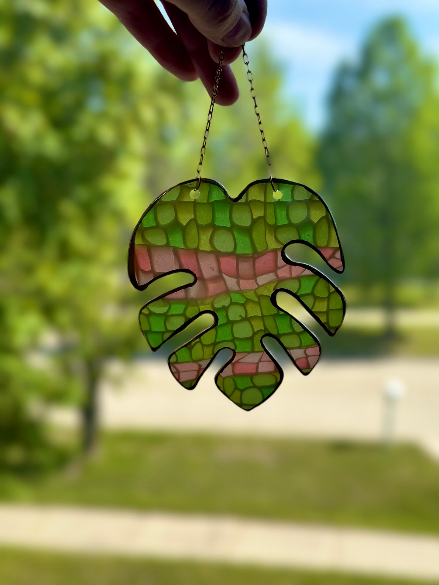 Large Green & Pink Monstera Leaf Ornament