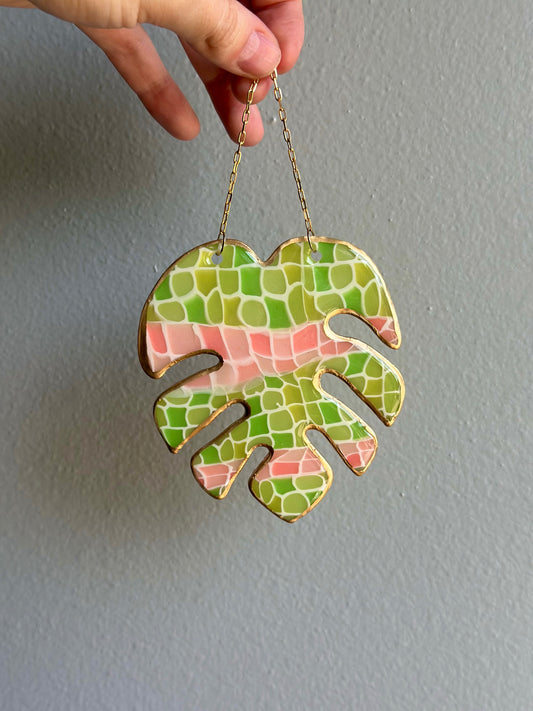 Large Green & Pink Monstera Leaf Ornament