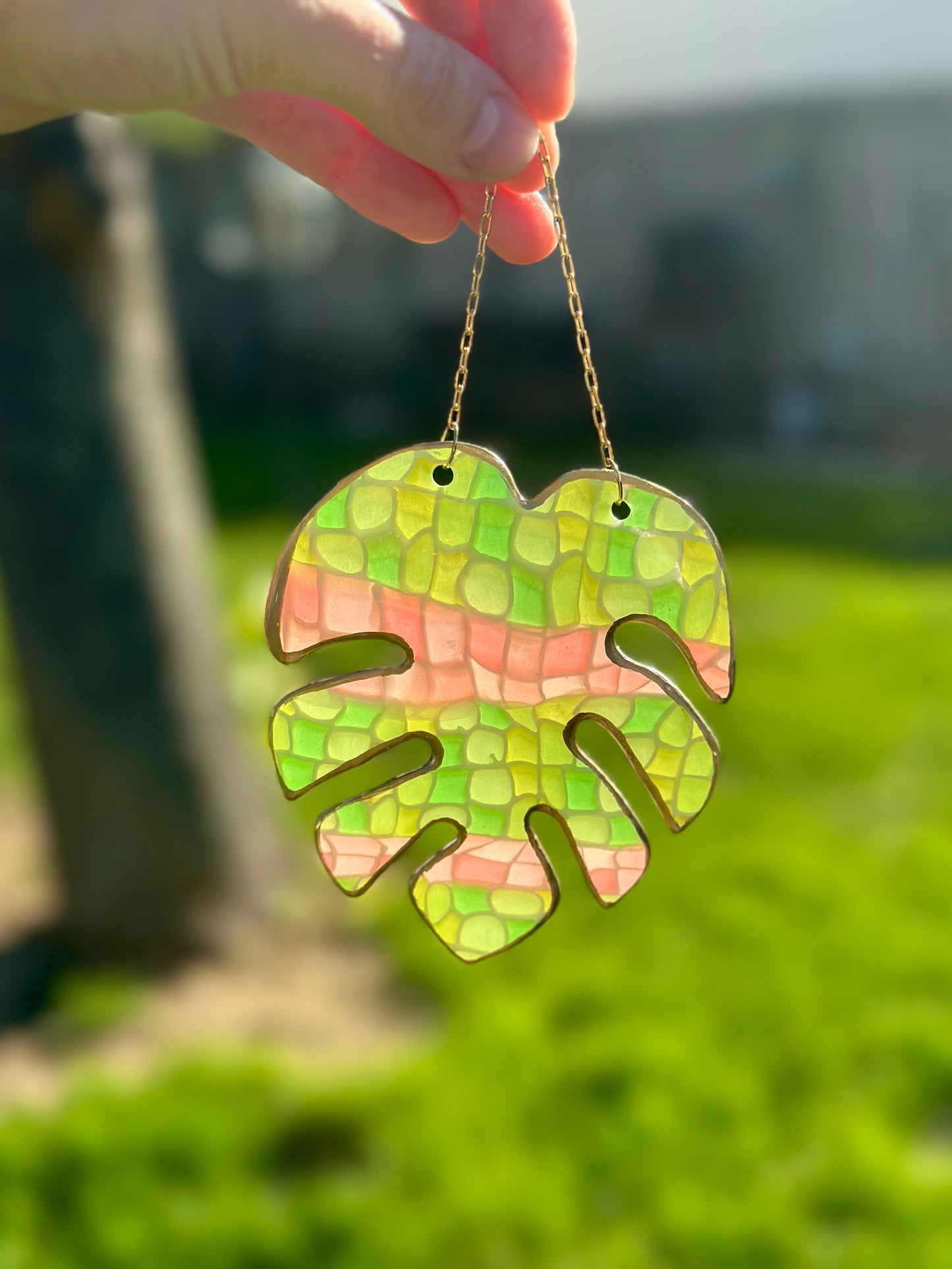 Large Green & Pink Monstera Leaf Ornament