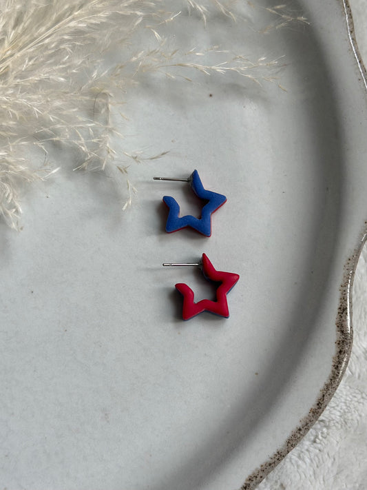 Red & Blue Star Huggie Hoops