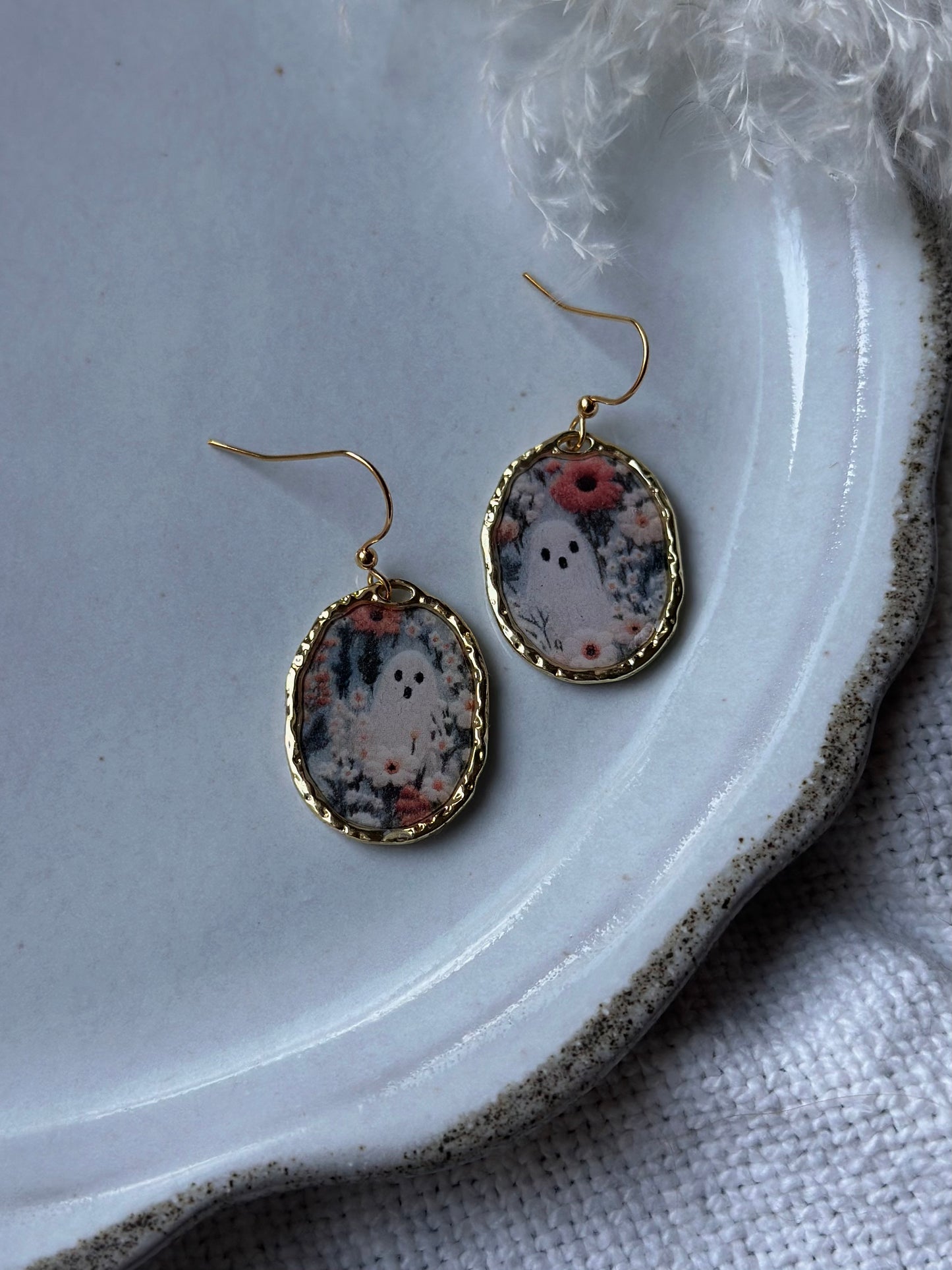 Gold Framed Floral Ghost Dangles